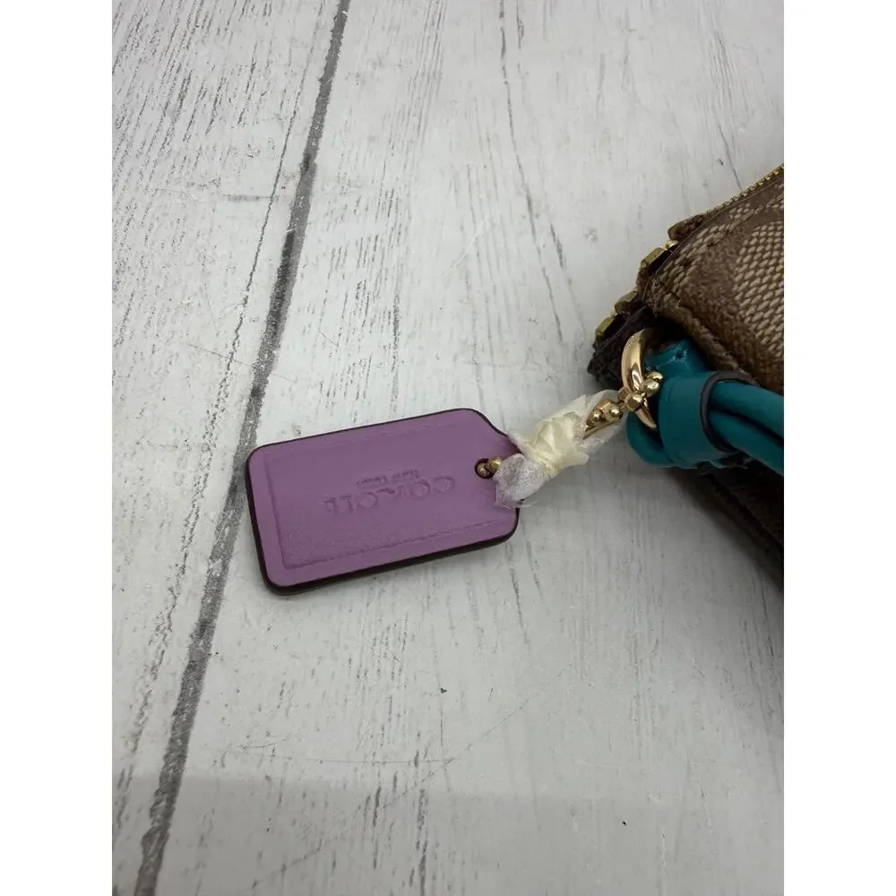 Coach Double Zip Colorblock Brown Signature Canvas Wristlet NEW Teal Strap - Picture 4 of 6